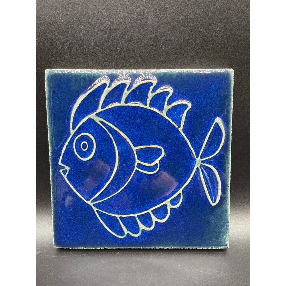 Vintage Cobalt Blue Fish Ceramic Tile Trivet MCM Coastal Nautical Wall Decor 6”